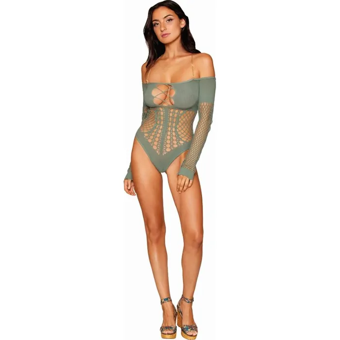 Dreamgirl Male Sex Toys Dreamgirl Seamless Long Sleeve Teddy with Removeable Gold Halter Chain Sage