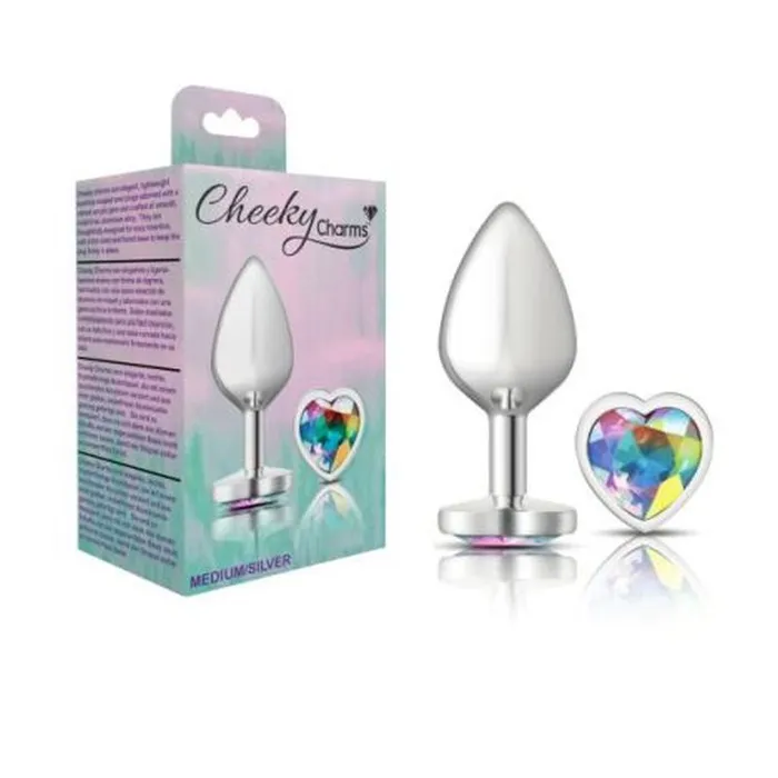 Cheeky Charms Silver Metal Butt Plug w Heart Clear Jewel Medium Cheeky Charms Anal