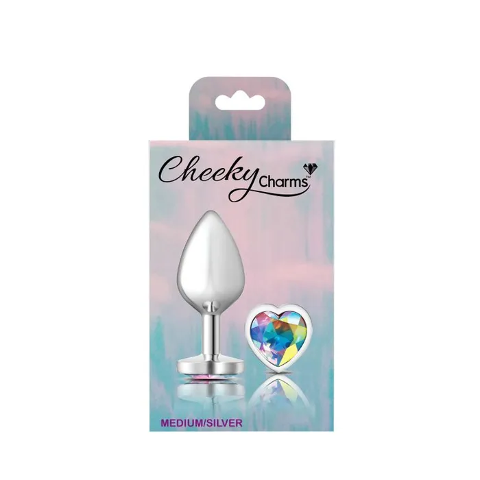 Cheeky Charms Silver Metal Butt Plug w Heart Clear Jewel Medium Cheeky Charms Anal