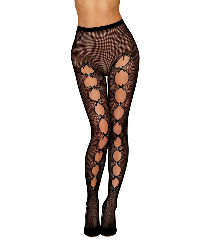 Anal Black Diamond Fishnet Pantyhose wBack Seam Satin Bows Black OS