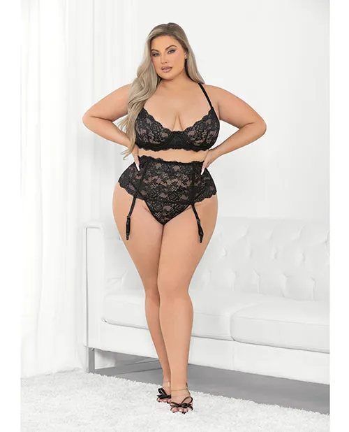 Anal Escante Floral Lace Bra High Waist Garterbelt GString Black 2X
