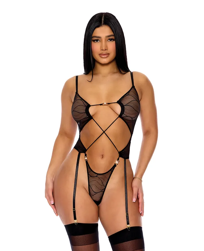 Anal FORPLAY Pull My Strings Sheer Mesh Teddy wGarters Faux Pearl Details Black LG Anal FORPLAY Pull My Strings Sheer Mesh Teddy wGarters Faux Pearl Details Black LG