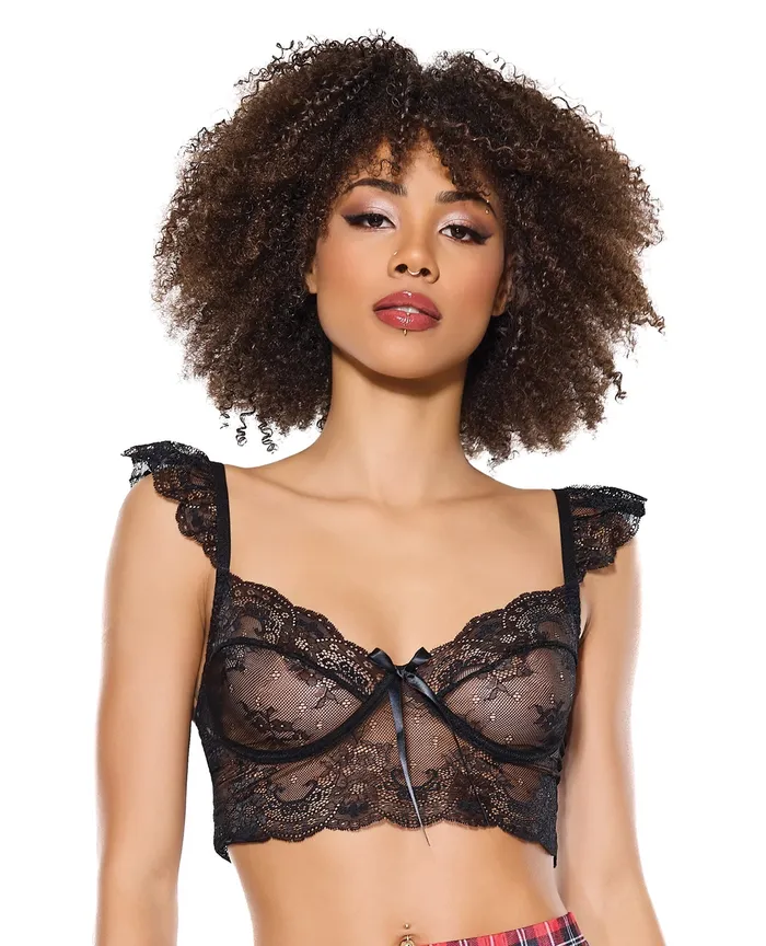 Anal Scallop Stretch Lace Soft Cup Bralette Black OS Coquette