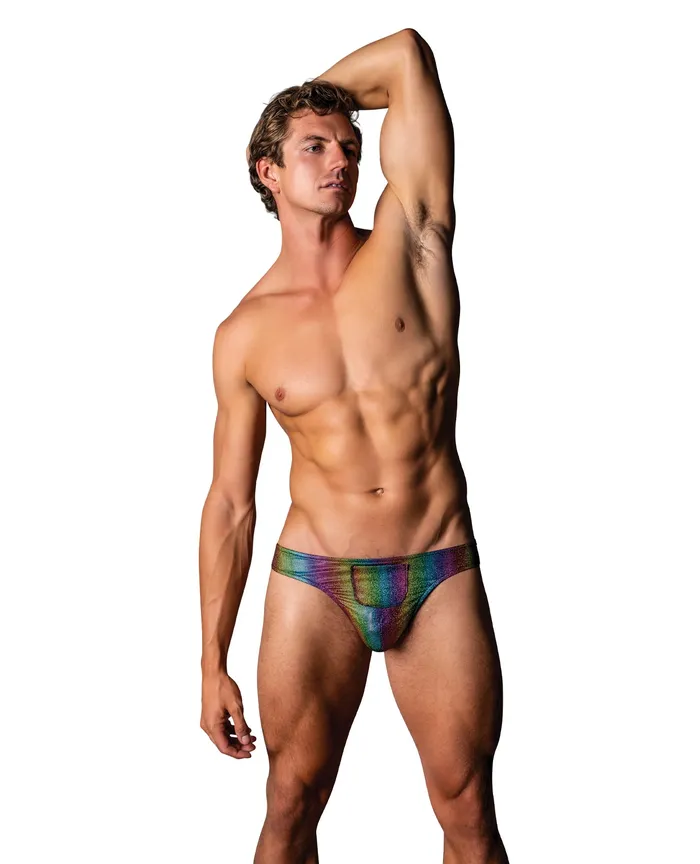 Couples Male Power Pack Play Thong wFront Condom Pouch Rainbow LXL