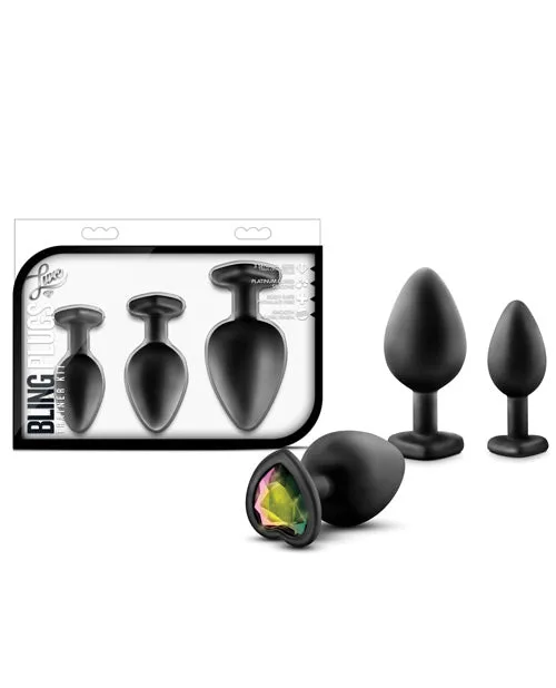 Luxe Anal Luxe Bling Butt Plugs Silicone Training Kit with Rainbow Gems 3 size kit Black
