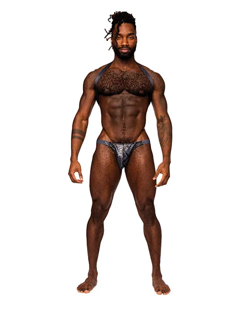 Male Power Vibrators Snaked Metallic Coated Shoulder Sling Harness Thong BlackBlue LXL Male Power Vibrators Snaked Metallic Coated Shoulder Sling Harness Thong BlackBlue LXL