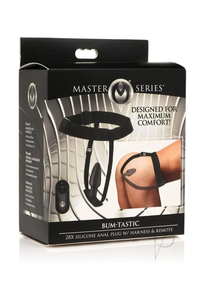 Male Sex Toys Master Series BumTastic 28X Rechargeable Silicone Anal Plug with Harness and Remote Control Black Master Series Male Sex Toys Master Series BumTastic 28X Rechargeable Silicone Anal Plug with Harness and Remote Control Black Master Series