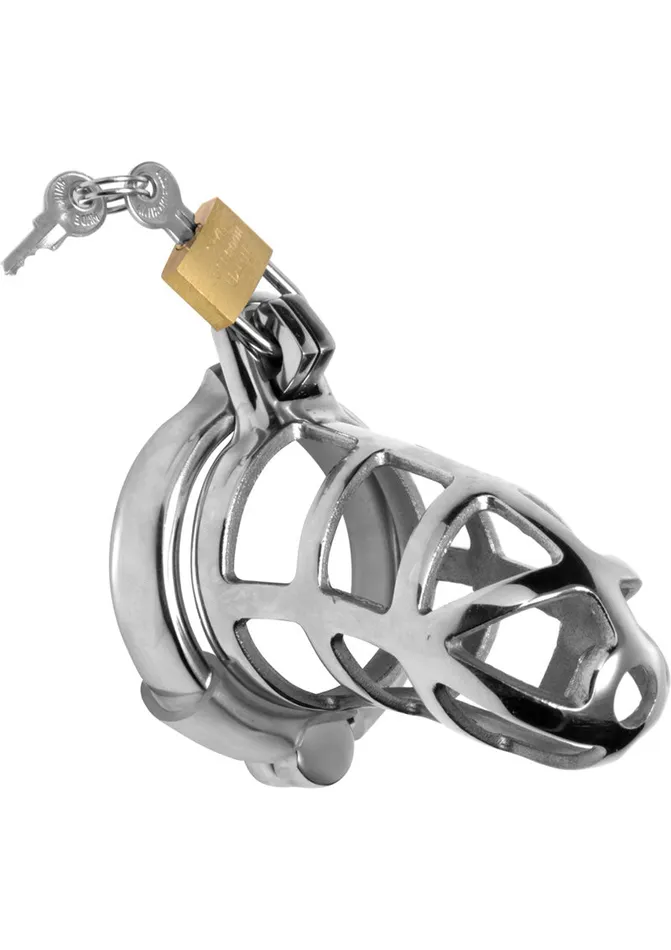 Master Series Detained Stainless Steel Chastity Cage Black Master Series Male Sex Toys
