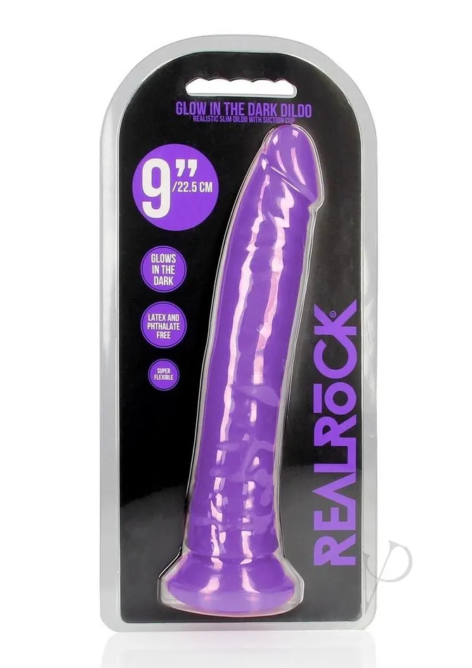 RealRock Slim Glow in the Dark Dildo with Suction Cup 9in Purple Real Rock Female Sex Toys RealRock Slim Glow in the Dark Dildo with Suction Cup 9in Purple Real Rock Female Sex Toys