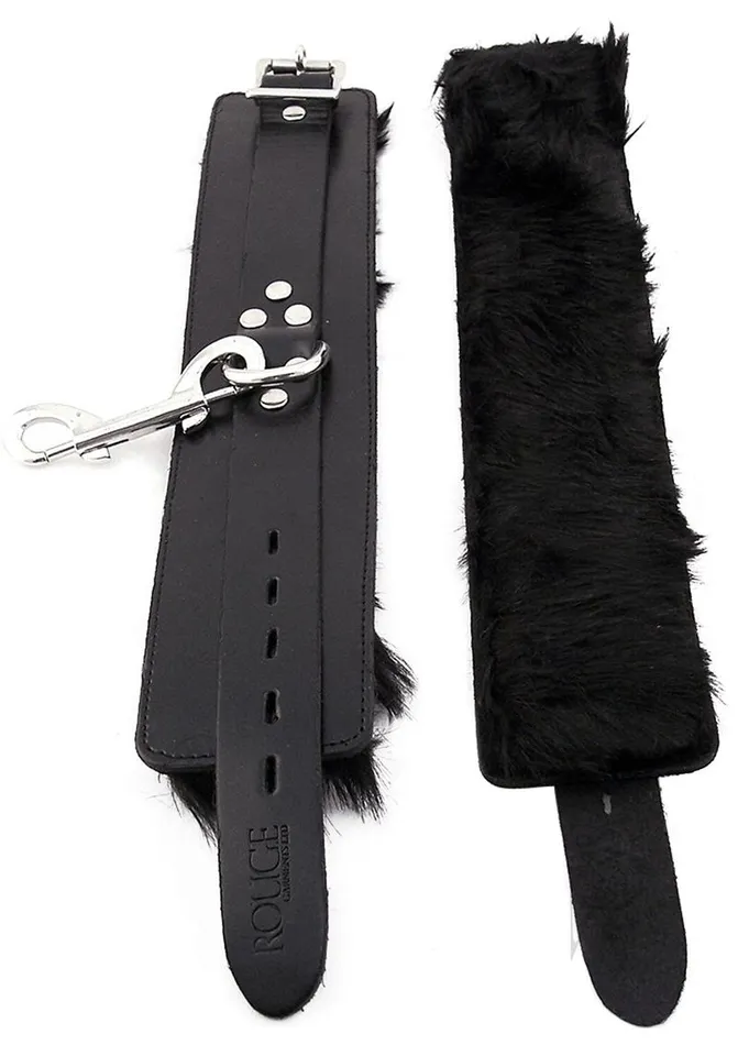Restraints Rouge Leather Wrist Cuffs with Faux Fur Lining Black Rouge