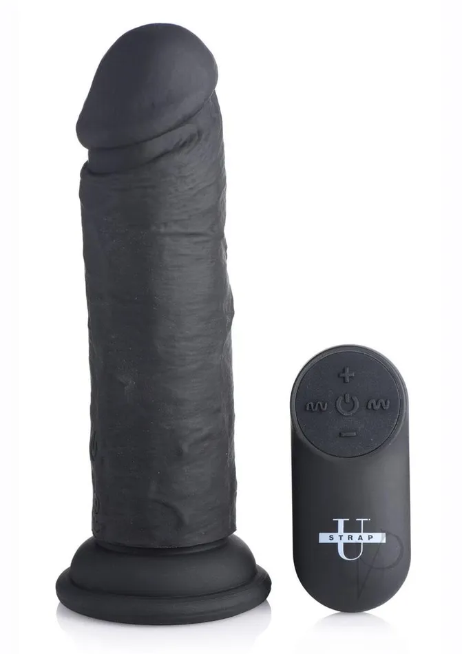 Strap U Power Player 28X Vibrating Silicone Rechargeable Dildo 65in With Remote Control Black Strap U Female Sex Toys