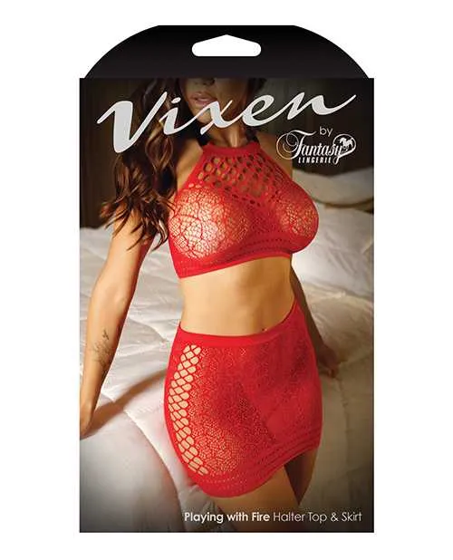 Vixen By Fantasy Lingerie Vibrators Vixen High Neck Halter Net Top Tie Back Skirt Red LXL Vixen By Fantasy Lingerie Vibrators Vixen High Neck Halter Net Top Tie Back Skirt Red LXL
