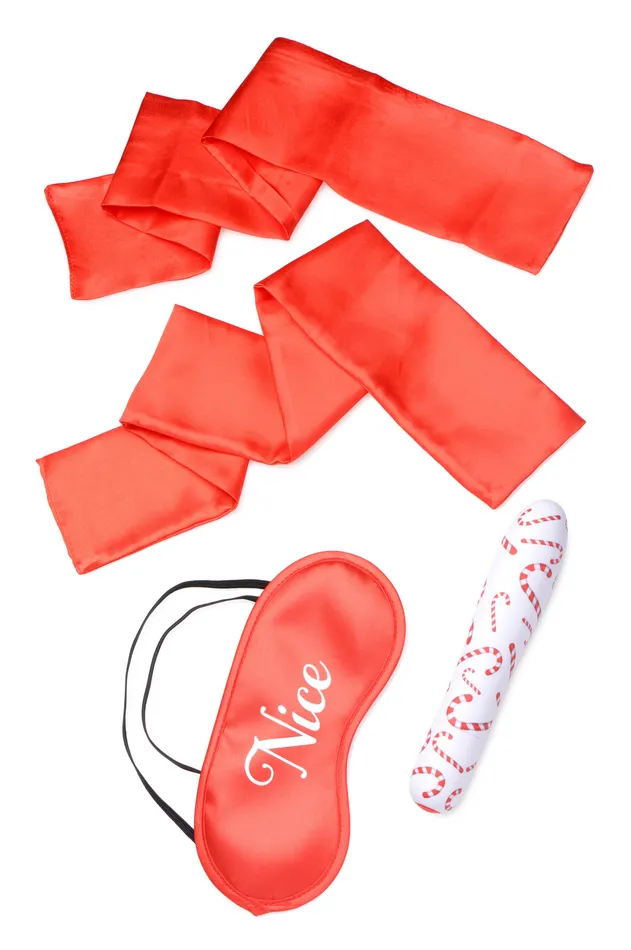 Couples XR Brands Bang Bang Naughty Holiday Kit Wrist Ties XL Bullet and Blindfold