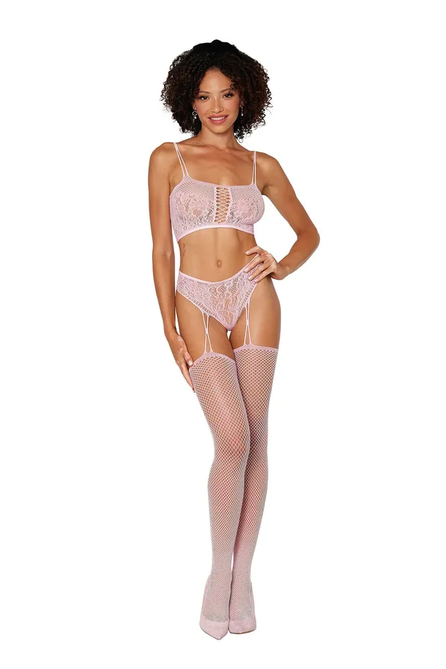 Dreamgirl Vibrators Bralette and Garter Hose One Size Pink