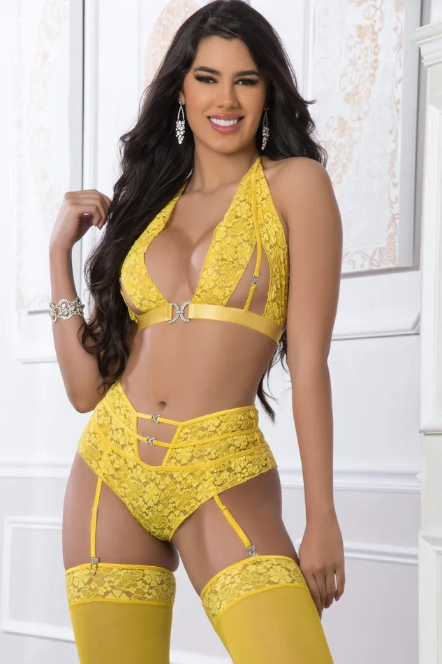 GWorld Female Sex Toys 3pc High Waist Garter Laced Panty and Halter Top Set With Stockings One Size Illuminating GWorld Female Sex Toys 3pc High Waist Garter Laced Panty and Halter Top Set With Stockings One Size Illuminating