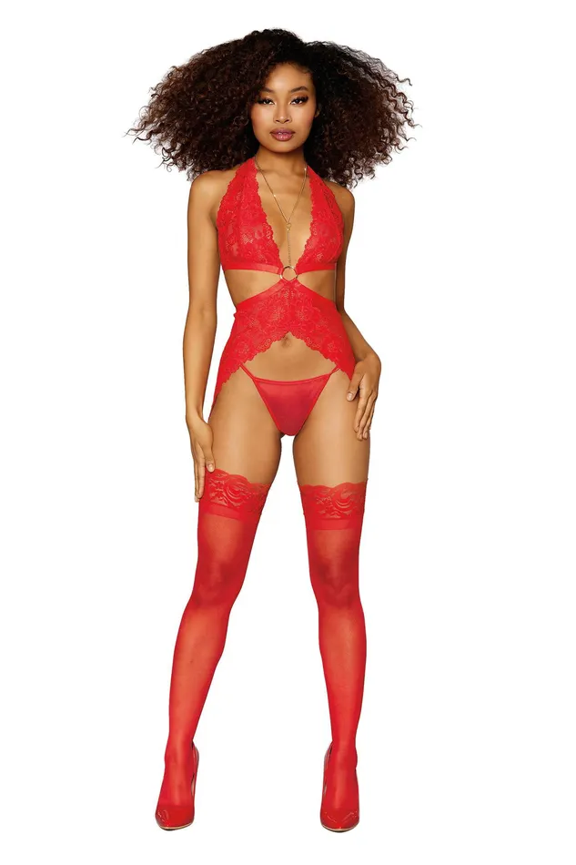 Garter Slip and GString One Size Lipstick Red Dreamgirl Vibrators