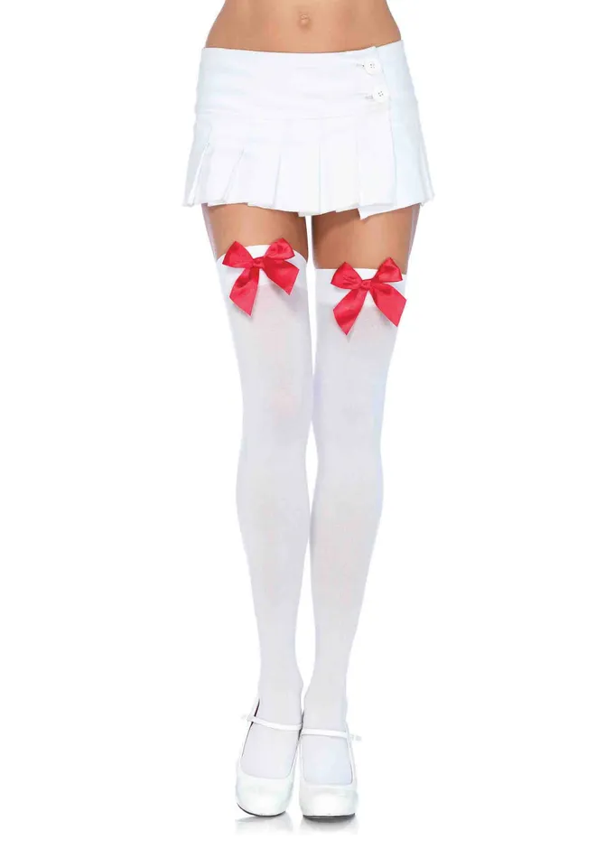 Nylon Over the Knee Socks White With Red Bow Leg Avenue Vibrators