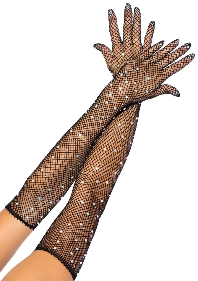 Rhinestone Fishnet Long Gloves Black Leg Avenue Anal