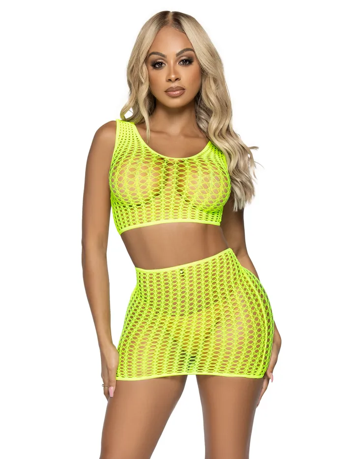 Teddies And Bodies Leg Avenue 2 Pc Crochet Net Crop Top and Mini Skirt One Size Neon Yellow Teddies And Bodies Leg Avenue 2 Pc Crochet Net Crop Top and Mini Skirt One Size Neon Yellow
