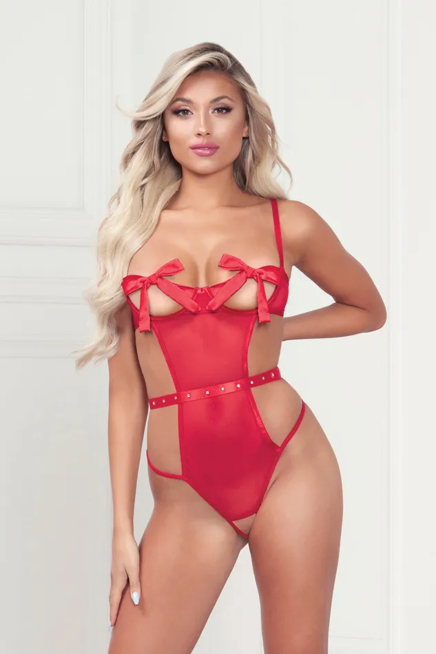 Teddies And Bodies Mesh Teddy With Underwire Satin Ribbon Bows Rhinestone Belt Hook and Eye Back Closure and Open Thong One Size Red Sale