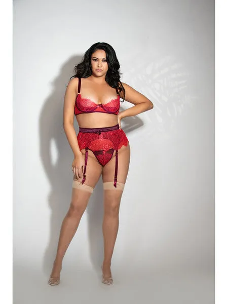 Three Piece Eyelash Lace Bra Garter Skirt and GString Set STM11273XRed3X4X H Seven Til Midnight Couples