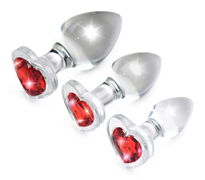 XR Brands Booty Sparks Red Heart Gem Glass Anal Plug Set Anal